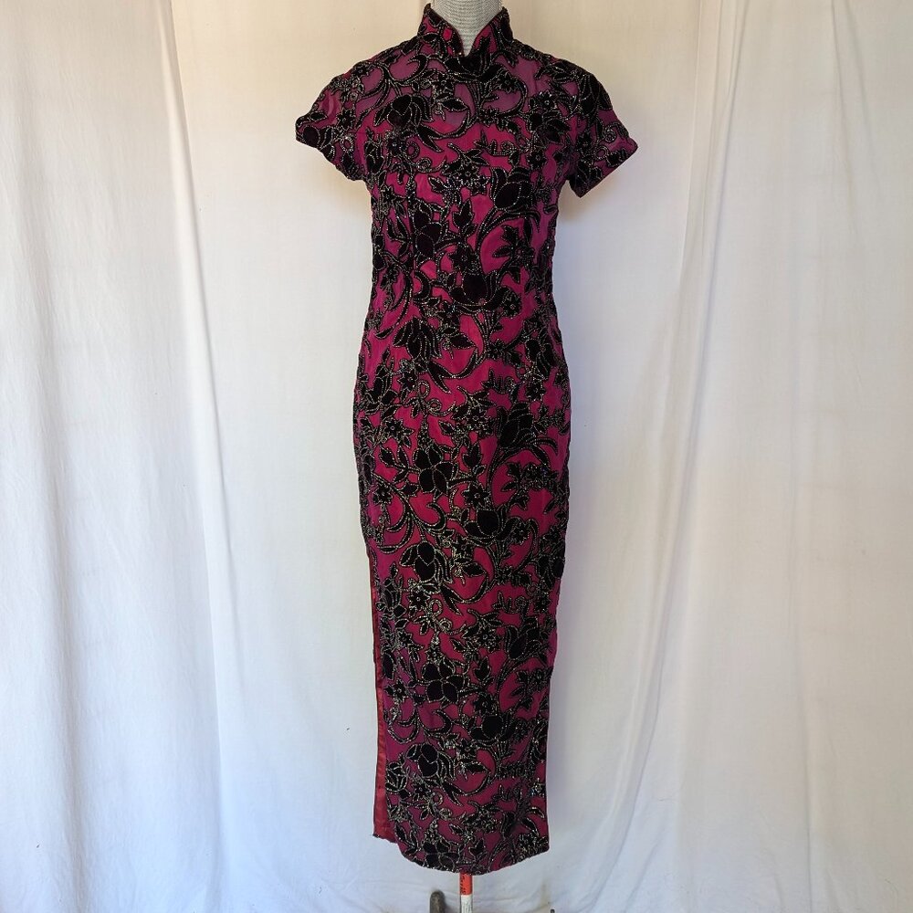 Black & Burgundy Chinese tea length Cheongsam Women's Qipao Sexy Slit dress Sz S
